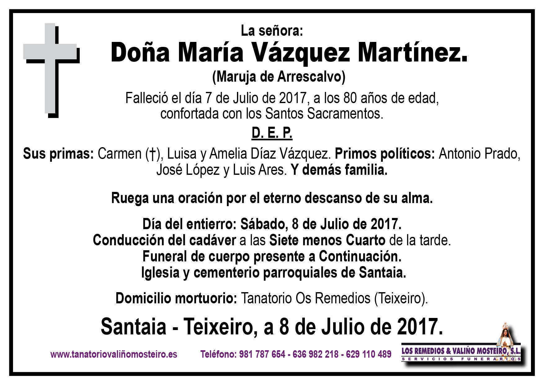 Esquela de María Vázquez Martínez.